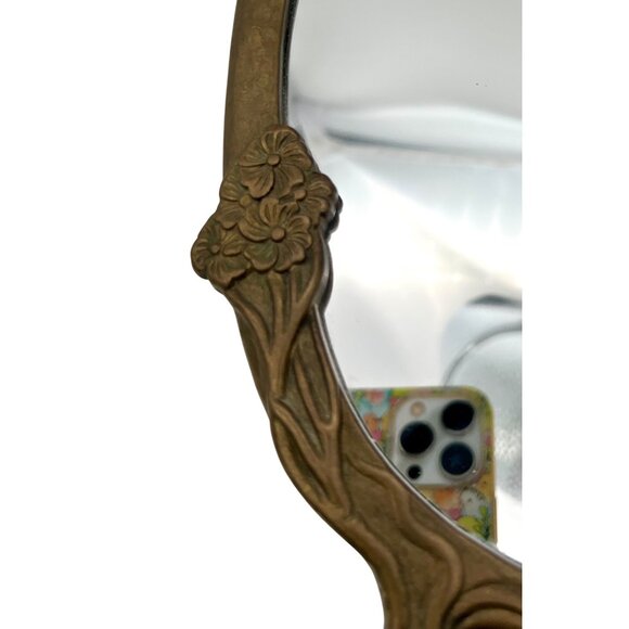 Vintage Art Nouveau Free Standing Brass Vanity Mirror Woman Floral Design 10.5"H - Picture 8 of 9